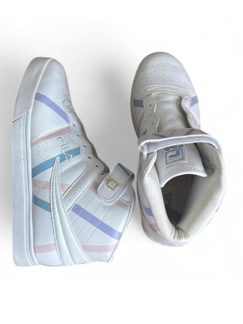 Fila White High-Top Sneakers with Pastel Stripes Preppy Athleisure